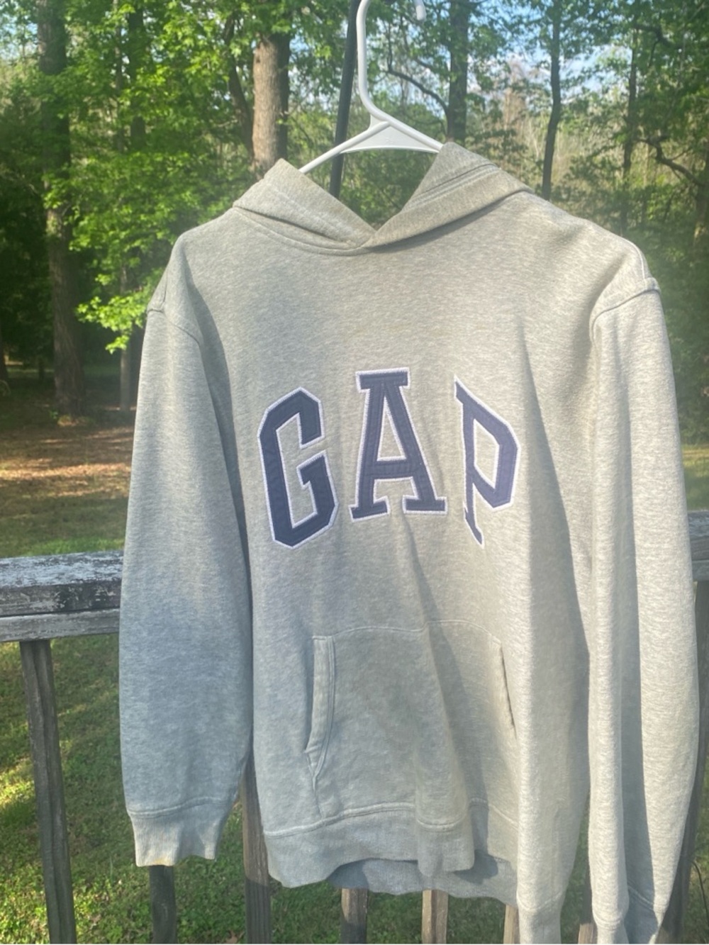 GAP Men's Light Gray Hoodie with Navy Lettering